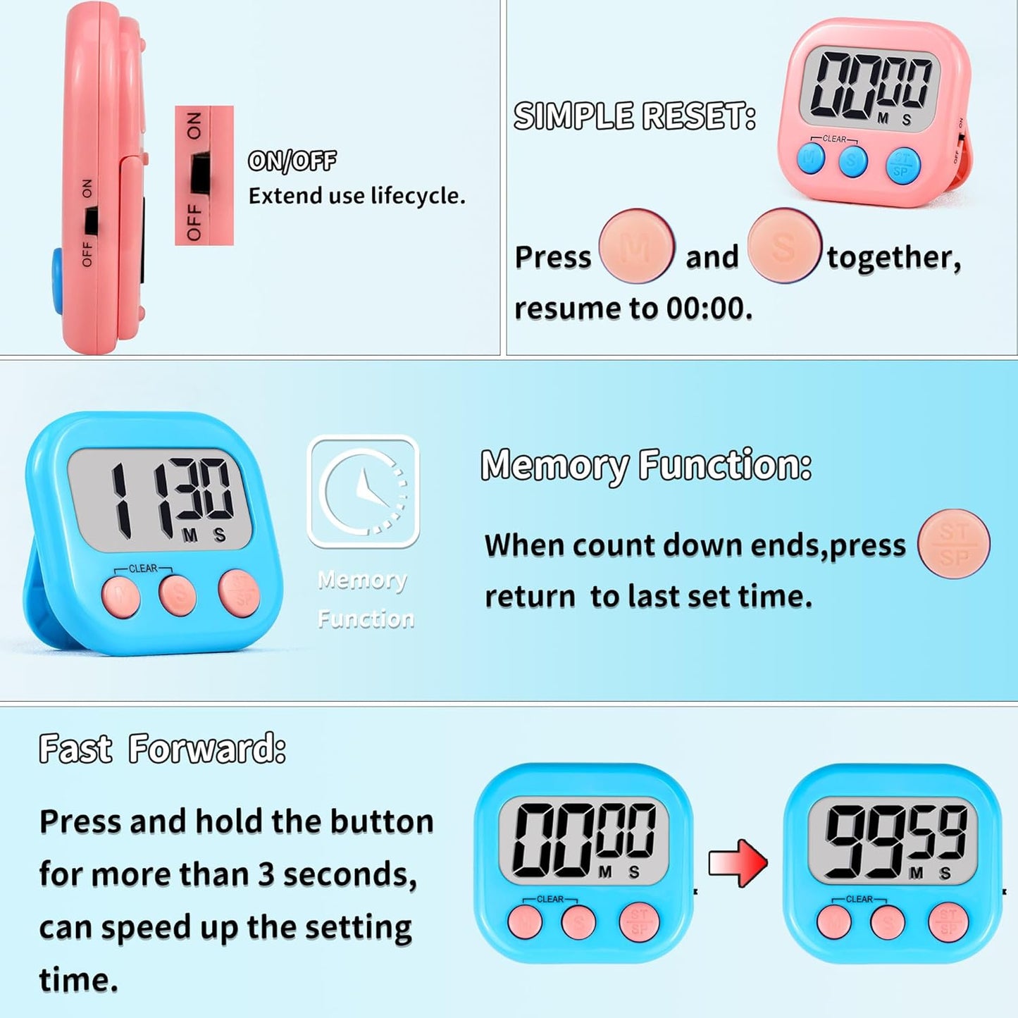 Timer for Kids Teachers Supplies Digital Kitchen Timers for Cooking Large Magnetic Classroom Timer 2Pack-Blue Green