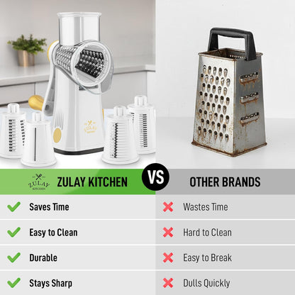 Zulay Kitchen Rotary Cheese Grater 5 Blade Cheese Shredder - Manual Hand Crank Cheese Grater With Reinforced Suction & 5 Interchangeable Drums - Easy to Use, Vegetable Chopper Round Mandoline Slicer - Colors A