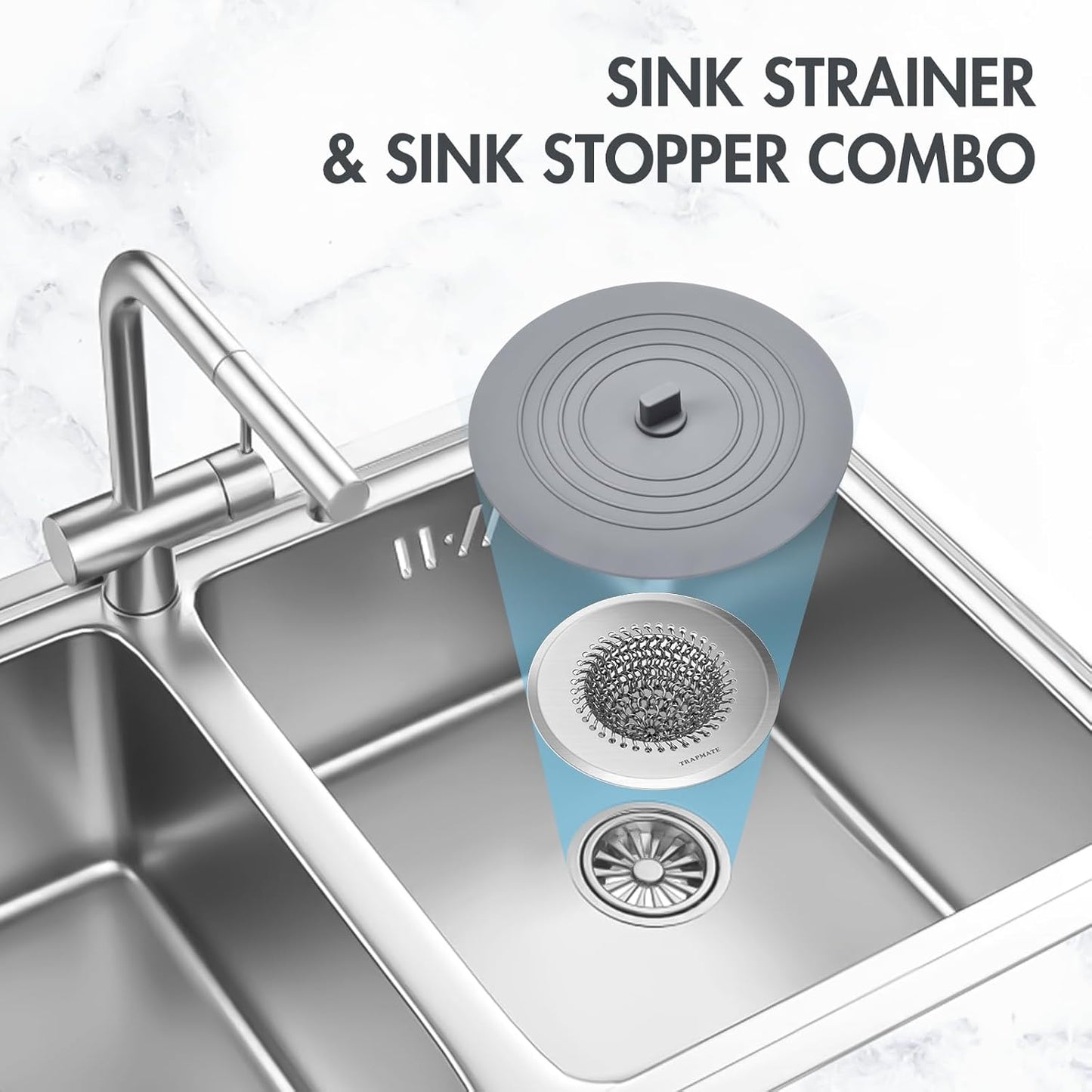 TRAPMATE Kitchen Sink Drain Strainer, Reversible Chain Mesh Sink Strainer, 304 Stainless Steel Anti-Clogging & Easy Clean Sink Strainer Basket, Fits US Standard Kitchen Sink Drains, Dishwasher Safe