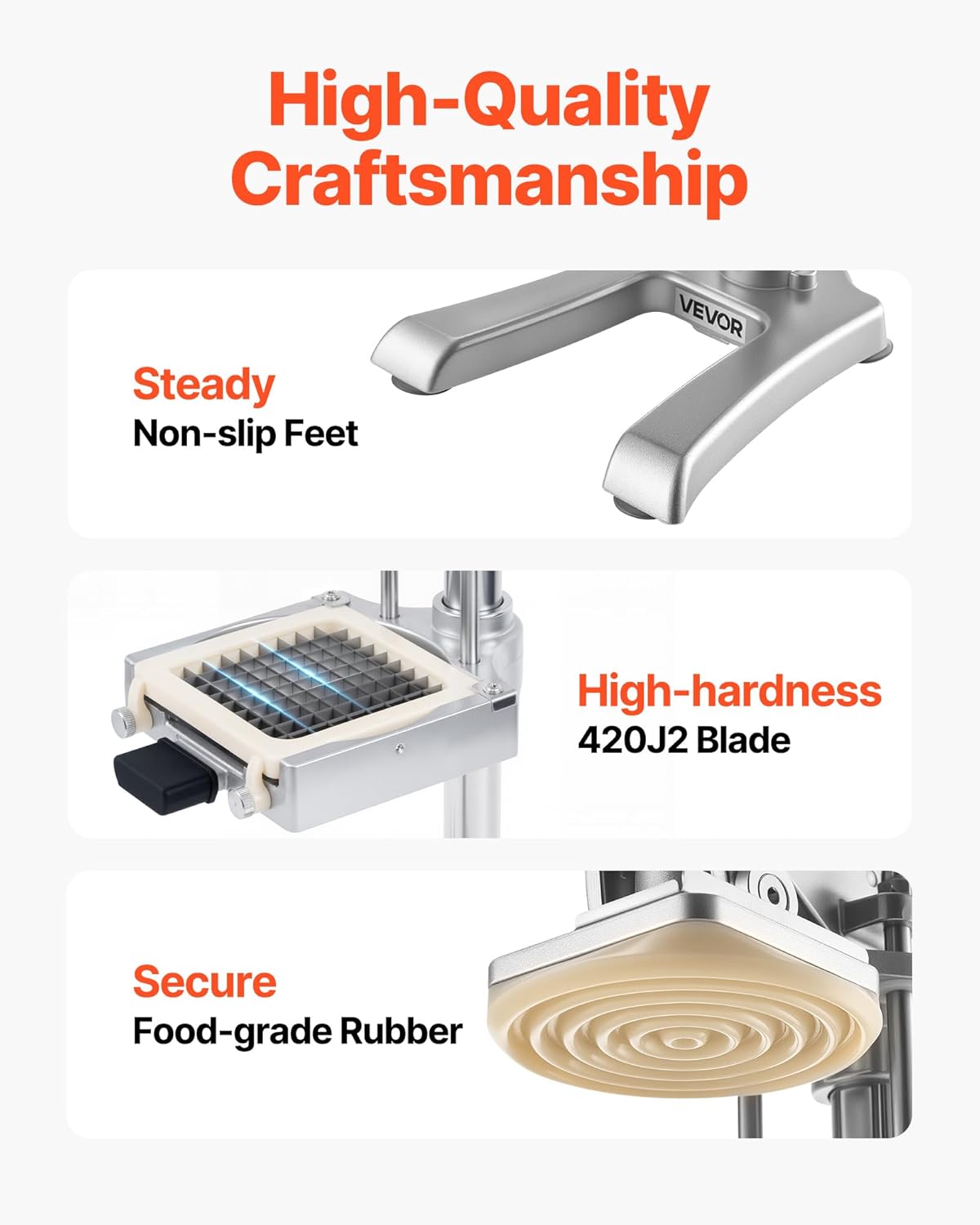 VEVOR French Fry Cutter, Ergonomic Potato Slicer with 3 Blades (1/2", 3/8", 1/4") & Juicer Plate, Easy-Replace Vegetable Chopper Dicer for Carrot, Onion, Lemon, Ideal for Home & Commercial Kitchens