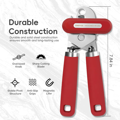 Can Opener Manual, UHIYEE Hand Held Manual Can Openers Heavy Duty with Smoother Cut Sharp Blade, Manual Hand Can Open with Soft Handle, Easy to Turn Knob, Magnetic Lid Lifter, Black