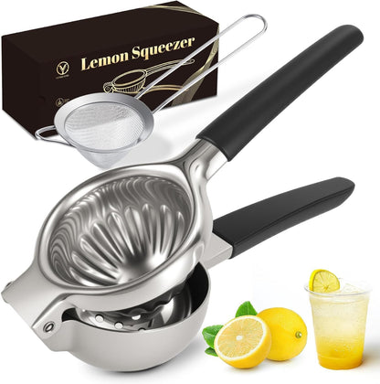 YXT&BEYOND Large Lemon Squeezer Set, 304 Stainless Steel Lime Squeezer w/13 Filter Holes & Fine Strainer, Manual Lemon Press Juicer - Metal Citrus Press Juicer with Non-Slip Handles, Dishwasher Safe