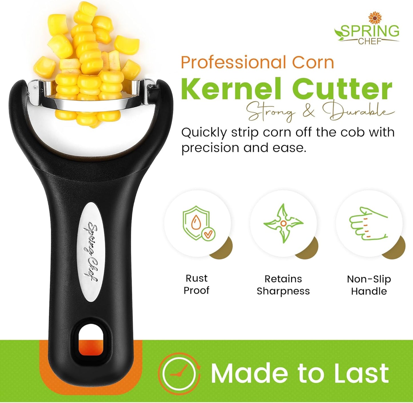 Spring Chef Stainless Steel Corn Peeler – Corn on the Cob Stripper Tool – Durable & Efficient Kernel Remover Tool – Easy to Use Kernel Cutter - Dishwasher Safe Kitchen Gadget - Black