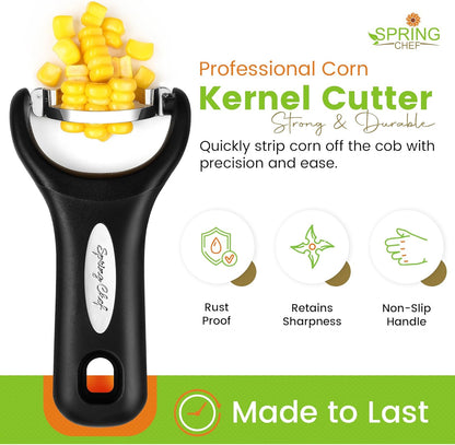Spring Chef Stainless Steel Corn Peeler – Corn on the Cob Stripper Tool – Durable & Efficient Kernel Remover Tool – Easy to Use Kernel Cutter - Dishwasher Safe Kitchen Gadget - Black