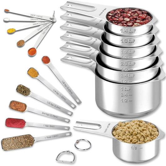 21 Pieces YUNNKEEY Measuring Cups and Spoons Set - Includes 7 Stainless Steel Measuring Cups, 8 Rectangular & 5 Mini Measuring Spoons with Leveler Fits Spice Jars, Ideal for Dry and Liquid Ingredients