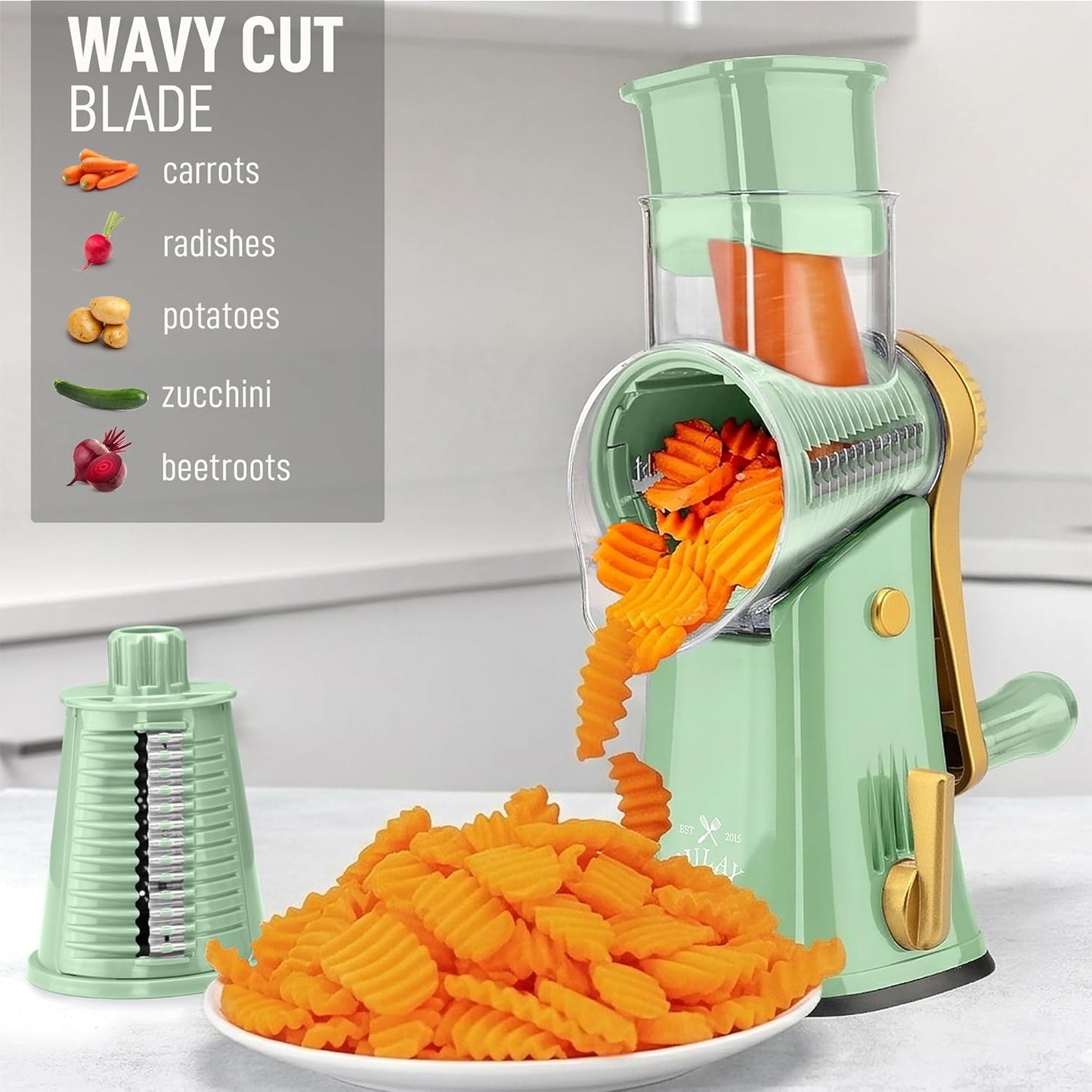 Zulay Kitchen Rotary Cheese Grater 5 Blade Cheese Shredder - Manual Hand Crank Cheese Grater With Reinforced Suction & 5 Interchangeable Drums - Easy to Use, Vegetable Chopper Round Mandoline Slicer - Colors A