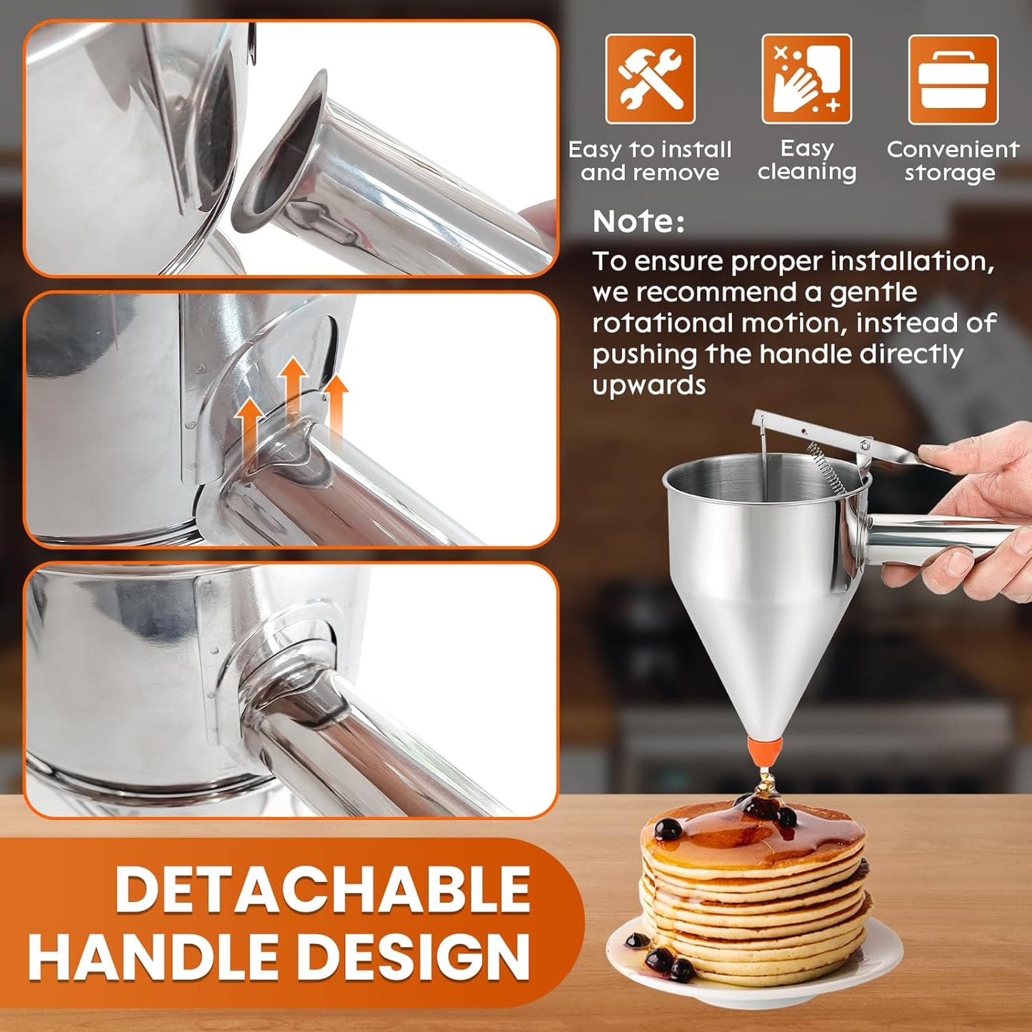 1200ML/40OZ Stainless Steel Pancake Batter Dispenser, Piston Funnel Dispenser with Stand Detachable Handle for Takoyaki Baking Cake Desserts with 4PCS Nozzles