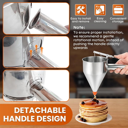 1200ML/40OZ Stainless Steel Pancake Batter Dispenser, Piston Funnel Dispenser with Stand Detachable Handle for Takoyaki Baking Cake Desserts with 4PCS Nozzles