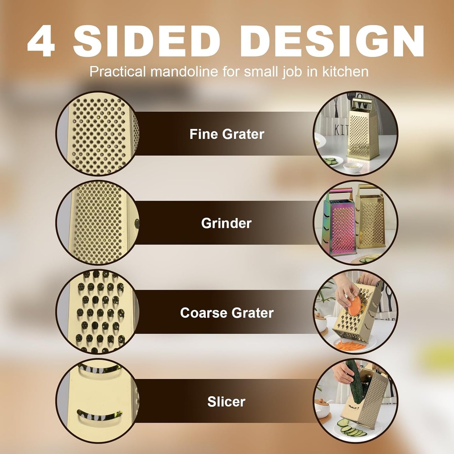 Rainbow Cheese Grater Handheld Grater for Kitchen, Stainless Steel 4 Sided Cheese Grater with Handle for Grinding Shredding & Slicing, Dishwasher Safe