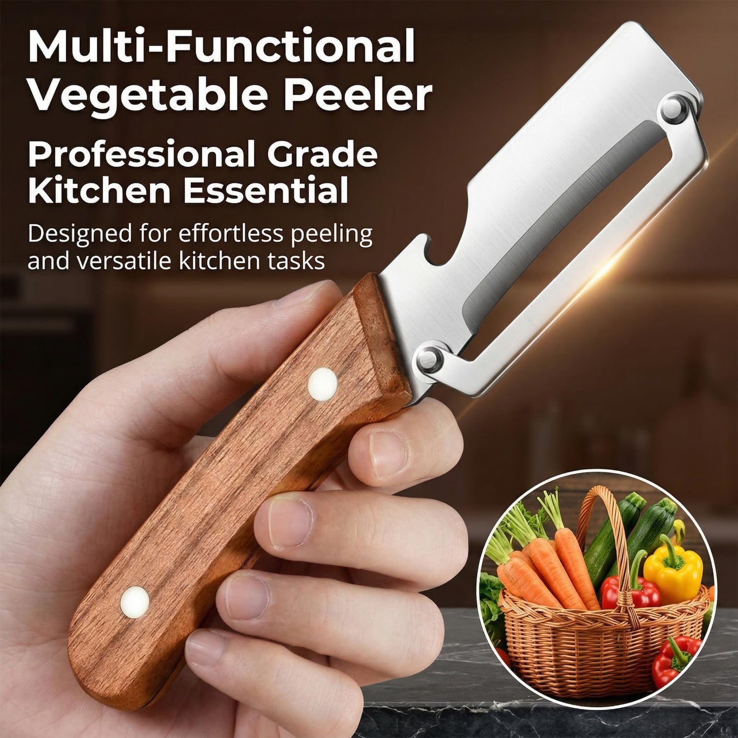 MultiFunctional Vegetable Peeler for Kitchen, Vegetable Peeler with Wooden Handle and Bottle Opener, 2-in-1 Stainless Steel Kitchen Peelers for Fruit Veggie Apple Potato Pumpkin Papaya(1PCS)