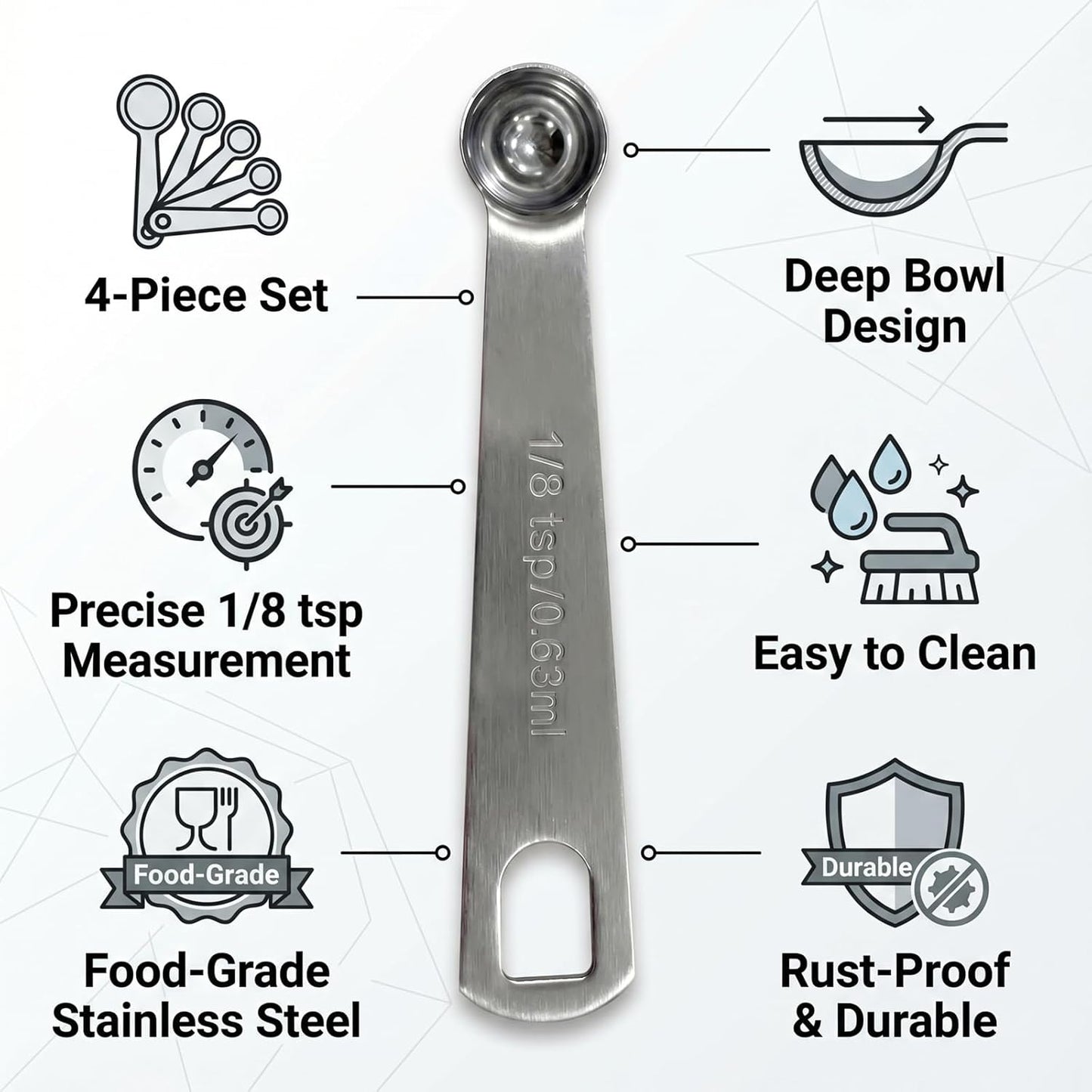 4 PCS 1/8 Teaspoon Measuring Spoon,Stainless Steel Mini Single Scoop,0.63mL Kitchen Tool for Home Cooks and Baking Kits