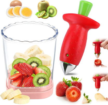 2-in-1 Strawberry Huller with Strawberry Slicer Set，StrawberryCutter，StrawberryCorer Tool，2 Pack (Color-B)