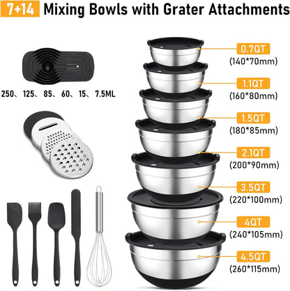 Unokit Mixing Bowls with Lids Set - 16 Pcs Stainless Steel Nesting Mixing Bowls with Grater Attachments, Mixing Bowl Set for Multi Mixing & Serving