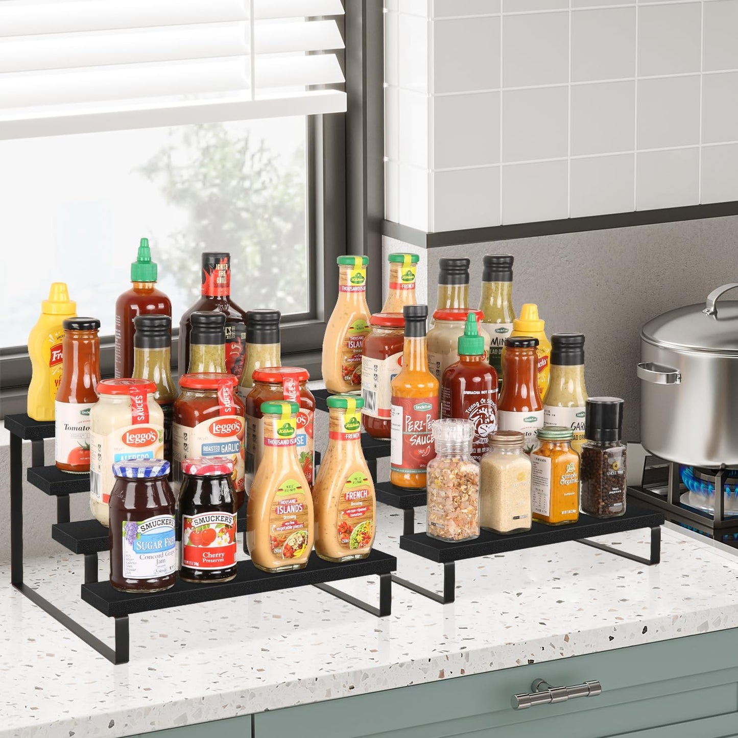 YINMIT Wooden Display Riser Stand, Tiered Perfume and Cologne Organizer Stand, 4 Tier Spice Rack Organizer, Rustic Display Shelf for Candles (4 Tier)