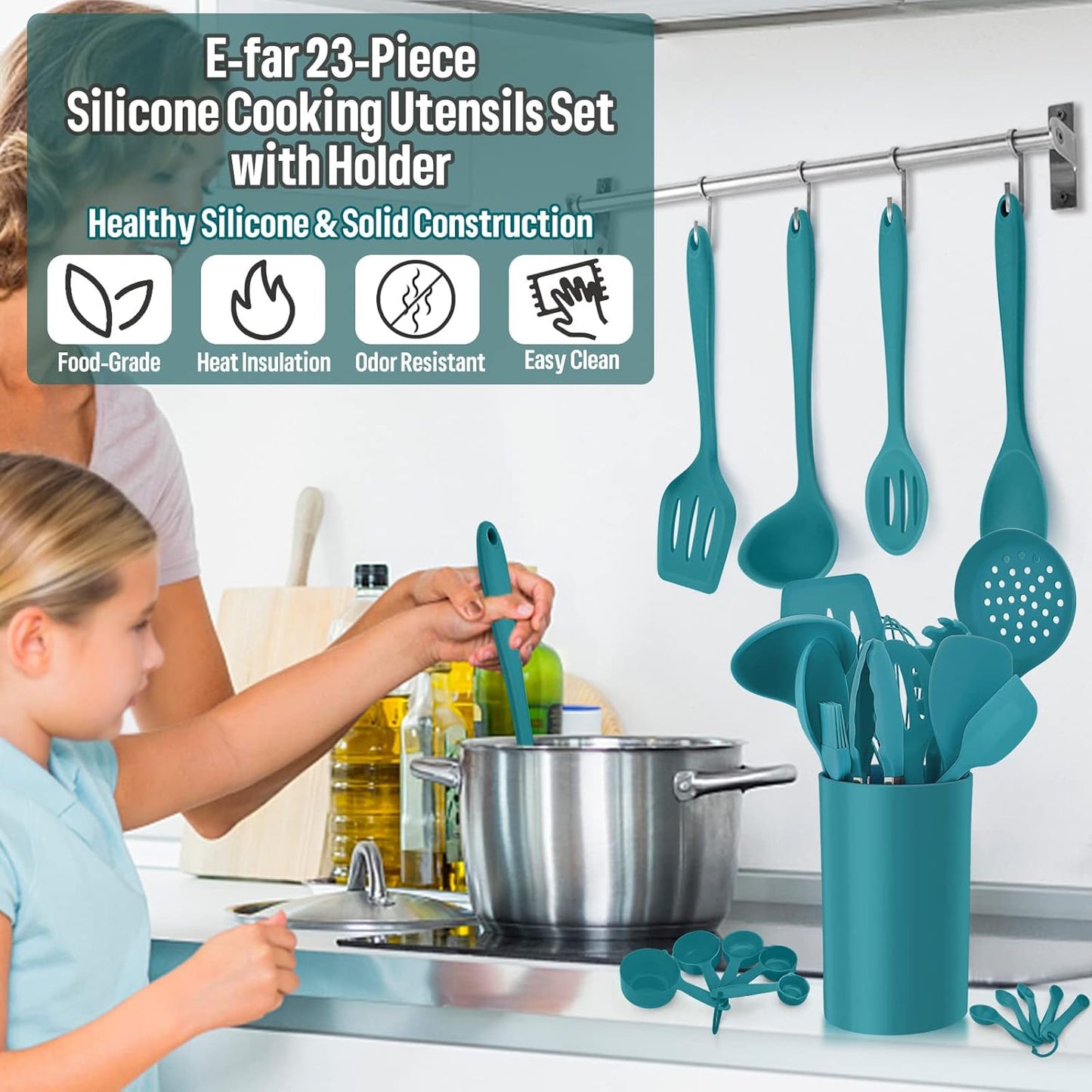 E-far Silicone Cooking Utensils Set, 7-Piece Black Heat Resistant Kitchen Utensils Set, Kitchen Nonstick Tools Spatula Ladle Spoon Pasta Server for Non-stick Cookware, Non-Toxic & Dishwasher safe