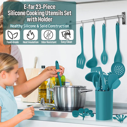 E-far Silicone Cooking Utensils Set, 7-Piece Black Heat Resistant Kitchen Utensils Set, Kitchen Nonstick Tools Spatula Ladle Spoon Pasta Server for Non-stick Cookware, Non-Toxic & Dishwasher safe