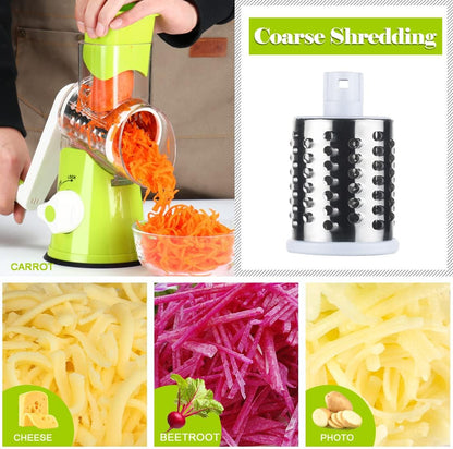 Ourokhome Rotary Cheese Grater Hand Crank, Kitchen Shredder Speed Mandolin Slicer Nut Grinder with Handle and Drum Blades for Cheese, Vegetable, Walnut, Chocolate, Potato, Carrot, 3 Blades, Dark Blue