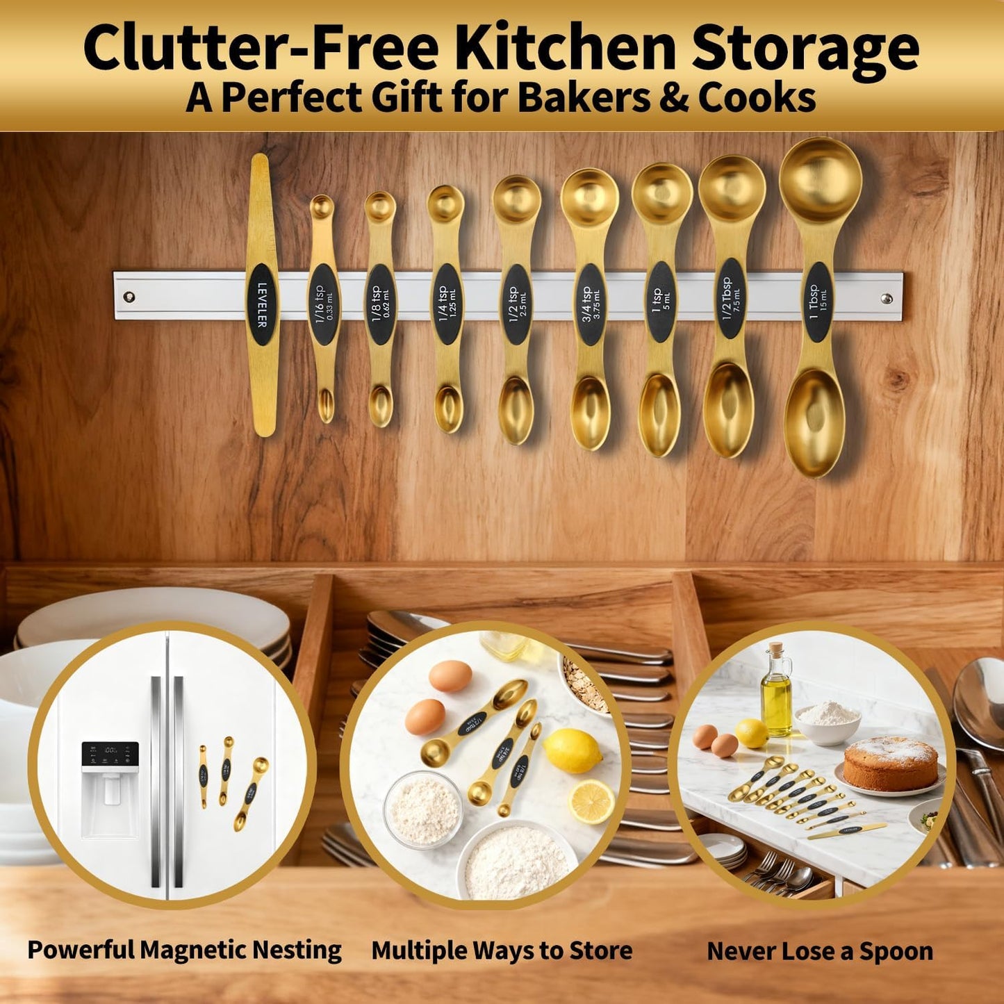 Gold Magnetic Measuring Spoons Set Stainless Steel with Leveler, Dual-Sided Stackable Metal Measuring Spoons for Baking & Cooking, Fits in Spice Jars, Heavy Duty Kitchen Gadgets, 8 Spoons & 1 Leveler