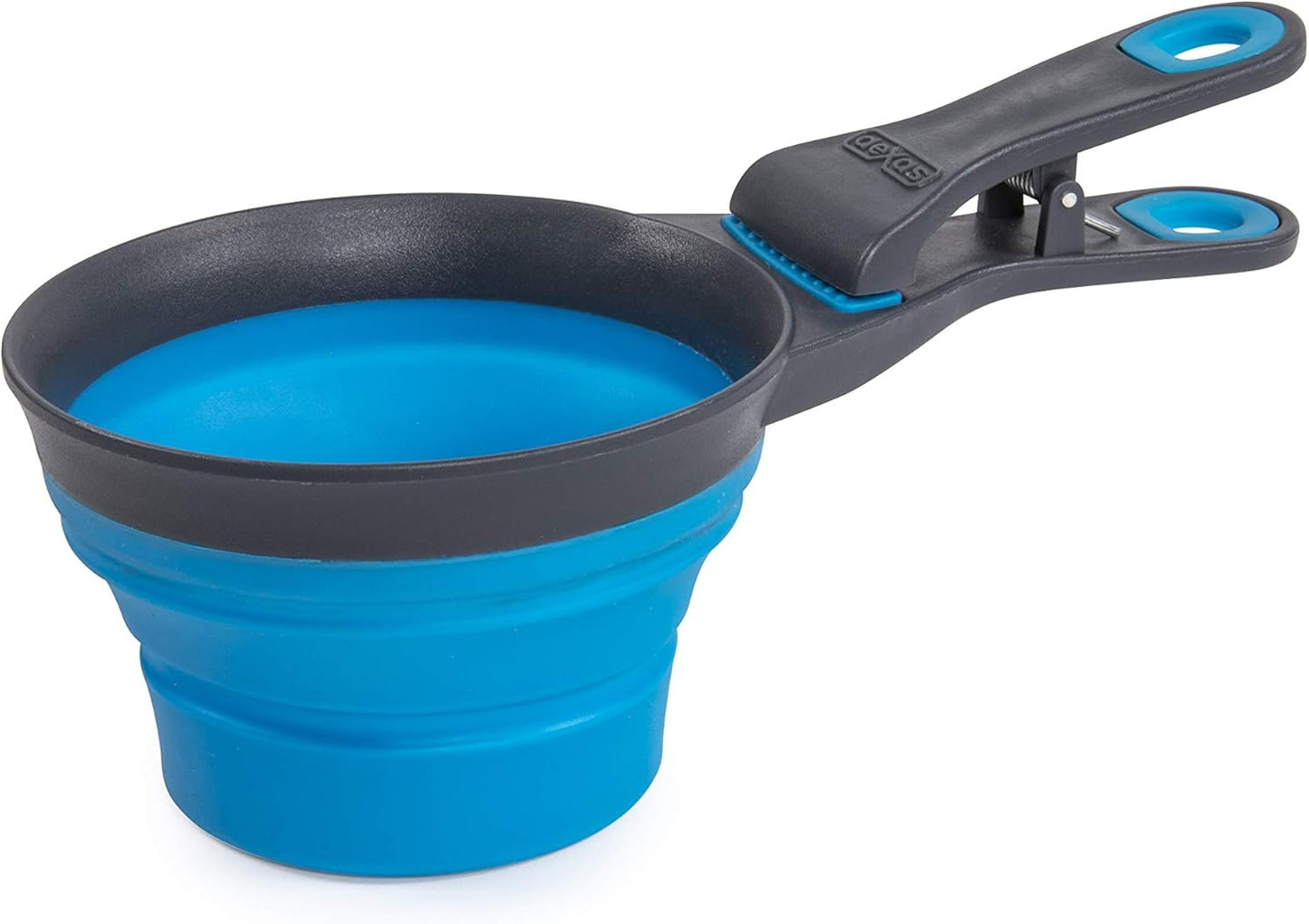 Dexas Popware for Pets Collapsible Klip Scoop, 3 in 1 Design Convenient Measuring Cup, Food Scooper and Bag Clip, 1Cup Capacity Pet Food Scoop, Versatile Food Measuring Cups Portion Control Gray/Blue