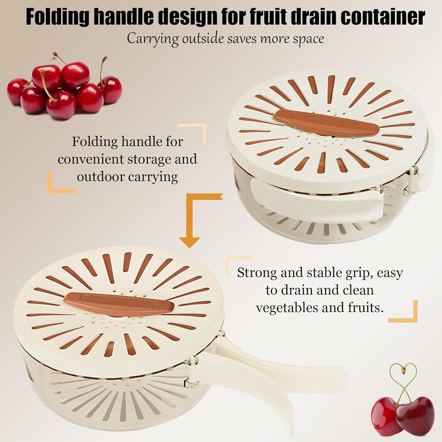 2026 New Draining Basket with Lid, Fruit Drainer Container with Handle, 2 in 1 Multi-function Drain Basket, For Rinsing Straining Vegetable Washing Fruit Portable Storage Container (Brown)