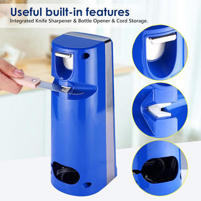 Davivy Electric Can Opener - One-Touch Hands-Free Operation,Removable Stainless Steel Cutter, 3-in-1 Design with Knife Sharpener&Bottle Opener(Blue)