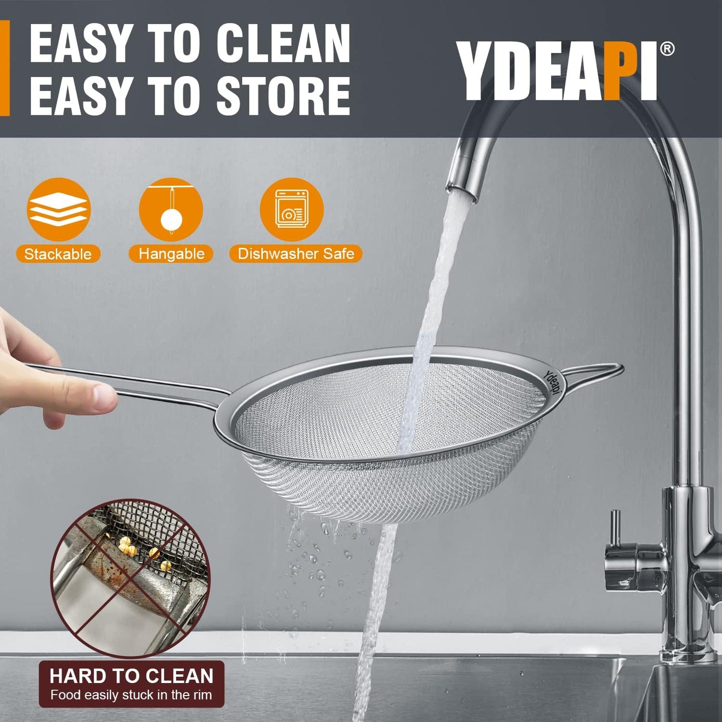 Ydeapi 8.6" Large Fine Mesh Strainer with Handle, Metal Food Strainers for Kitchen, Sieve Fine Mesh Stainless Steel for Rice, Quinoa, Pasta, Noodles