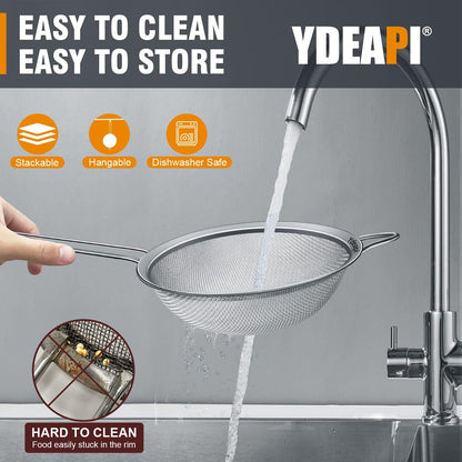 Ydeapi 8.6" Large Fine Mesh Strainer with Handle, Metal Food Strainers for Kitchen, Sieve Fine Mesh Stainless Steel for Rice, Quinoa, Pasta, Noodles