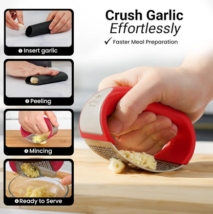 Zulay Kitchen Stainless Steel Garlic Press Rocker Set - Premium Garlic Mincer Garlic Crusher - New Innovative Garlic Crusher with Peeler and Scraper - Comfortable Grip (Black)