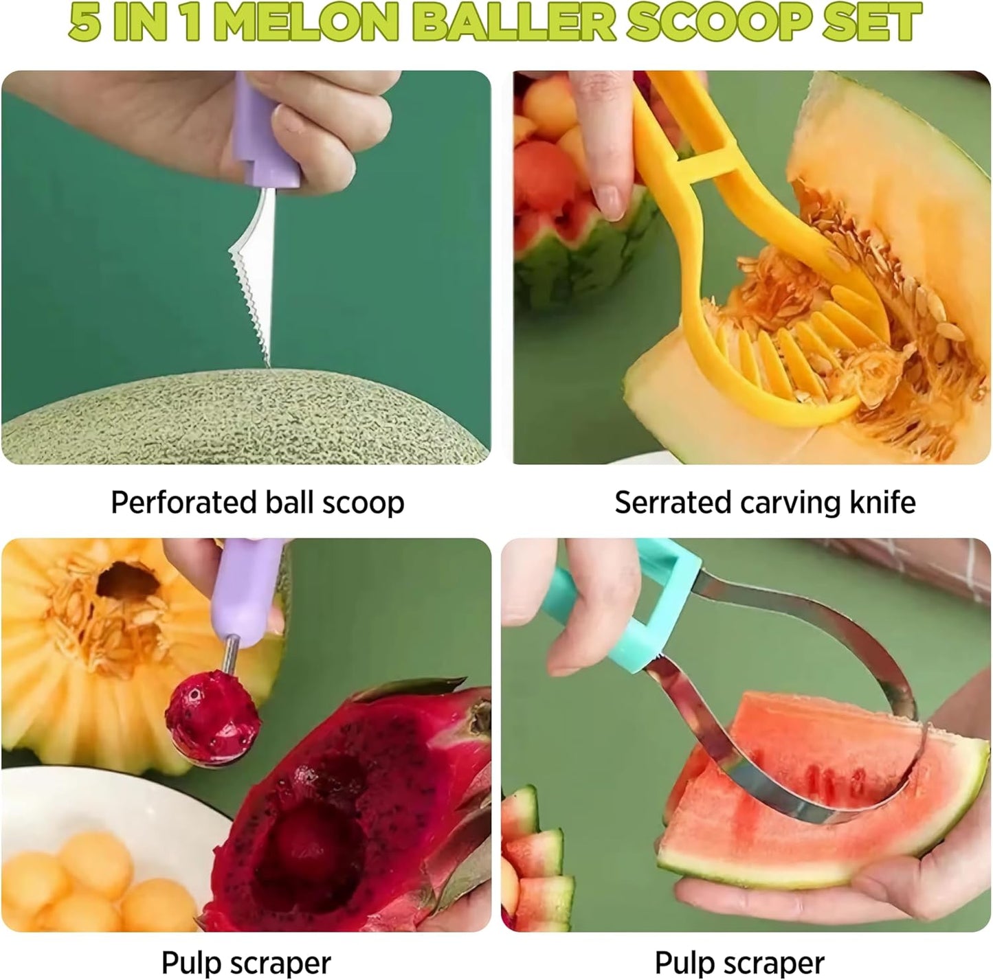2 PCS Melon Baller Scoop Set, 4 in 1 Stainless Steel Stainless Steel Fruit Tool Set, Fruit Carving Tools for Dig Pulp Separator, Watermelon Cutter Slicer Fruit Scooper (Green + Purple)