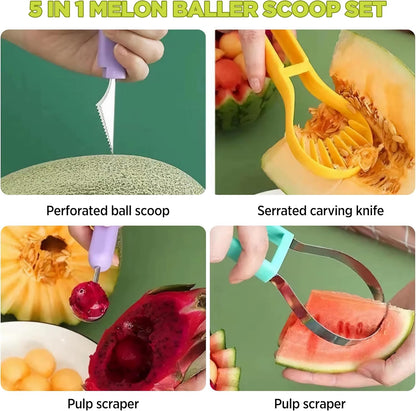 2 PCS Melon Baller Scoop Set, 4 in 1 Stainless Steel Stainless Steel Fruit Tool Set, Fruit Carving Tools for Dig Pulp Separator, Watermelon Cutter Slicer Fruit Scooper (Green + Purple)
