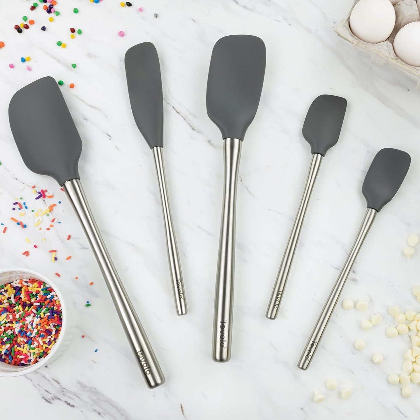 Tovolo Stainless Steel Handled Silicone Spatula Set of 5 White, Dishwasher Safe Kitchen Spatula Set for Cooking Baking, Non Toxic BPA Free Silicone Spatula set with Metal Steel Handle