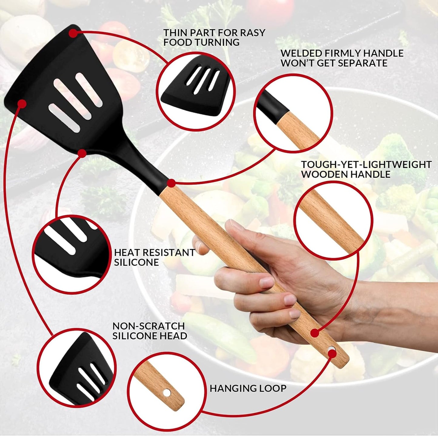 E-far Cooking Utensils Set of 6, Silicone Kitchen Utensils with Wooden Handle, Non-stick Cookware Friendly & Heat Resistant, Includes Spatula/Ladle/Slotted Turner/Serving Spoon/Spaghetti Server(Khaki)