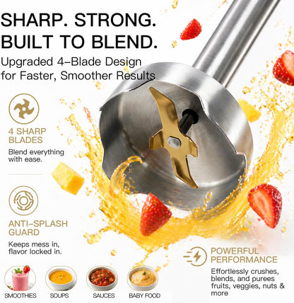 MegaWise 5-in-1 Hand Blender, Powerful Immersion Stick Blender with Titanium Reinforced Blades, 12-Speed Control, Includes Chopper, Beaker, Whisk & Frother for Smoothies & Baby Food