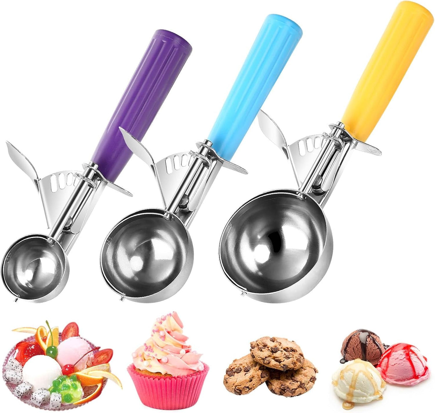 Ice Cream Scoop with Trigger, Cookie Scoops Set of 3 Portion Scoop 18/8 Stainless Steel Cupcake Measuring Scoop for Cookie Dough Cupcake Batter Ice Cream (4 oz + 2 oz + 0.8 oz)