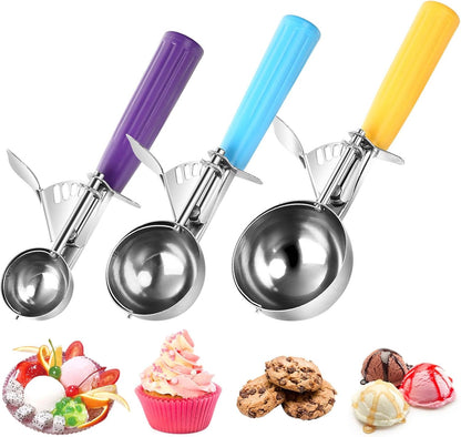 Ice Cream Scoop with Trigger, Cookie Scoops Set of 3 Portion Scoop 18/8 Stainless Steel Cupcake Measuring Scoop for Cookie Dough Cupcake Batter Ice Cream (4 oz + 2 oz + 0.8 oz)