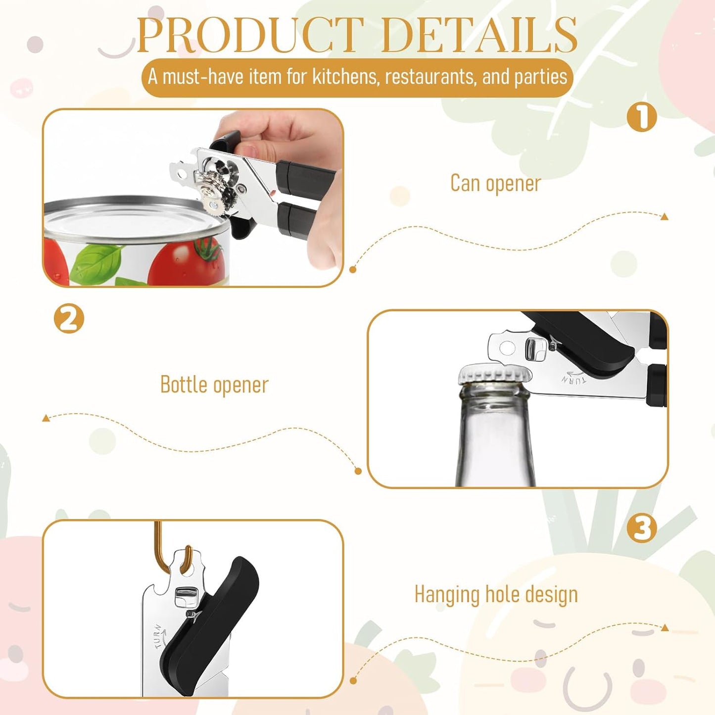 8 Pcs Manual Can Opener with Soft Handle Sharp Blade Smooth Edge Multifunctional Kitchen Gadget Handheld Openers Oversized Handheld Knob Can and Bottle Animals, Black