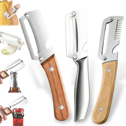 Multifunctional Vegetable Peeler With Wooden Handle, 3 In 1 Stainless Steel Sharp Knife For Fruit And Hard Skinned Produce, Kitchen Tool With Bottle Opener (2pcs)