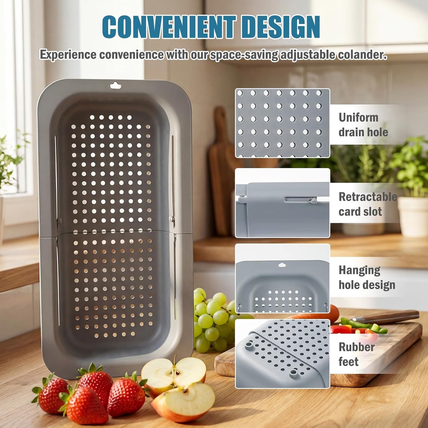 Extendable Over Sink Colander, 13.58"-18.9" Adjustable Strainer Basket for Washing Fruits & Draining Pasta, Fits Most Kitchen Sinks (Grey, 1 Pack)