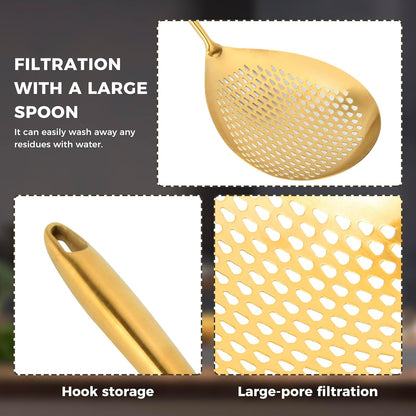 Snailhouse Slotted Skimmer Spoon, Stainless Steel Pasta Noodle Fryer Spider Strainer Scoop Ladle Spoon with Handle for Cooking Frying, Gold