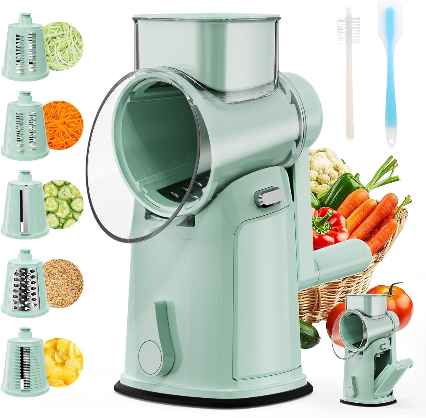 7 IN 1 Upgraded Rotary Cheese Grater with Handle – Vegetable Shredder with Built-in Storage Blade Slot, 5 Versatile Blades, Strong Suction Base Round Mandoline Slicer, Food Chopper for Kitchen