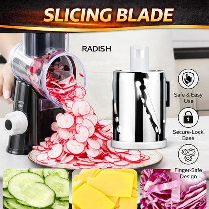 Stainless Steel Rotary Cheese Grater, Hand Crank Vegetable Shredder, food grater & Slicer — 3-in-1 Stainless Steel Blades for Parmesan, Cheese & Nuts, Suction Base, BPA-Free