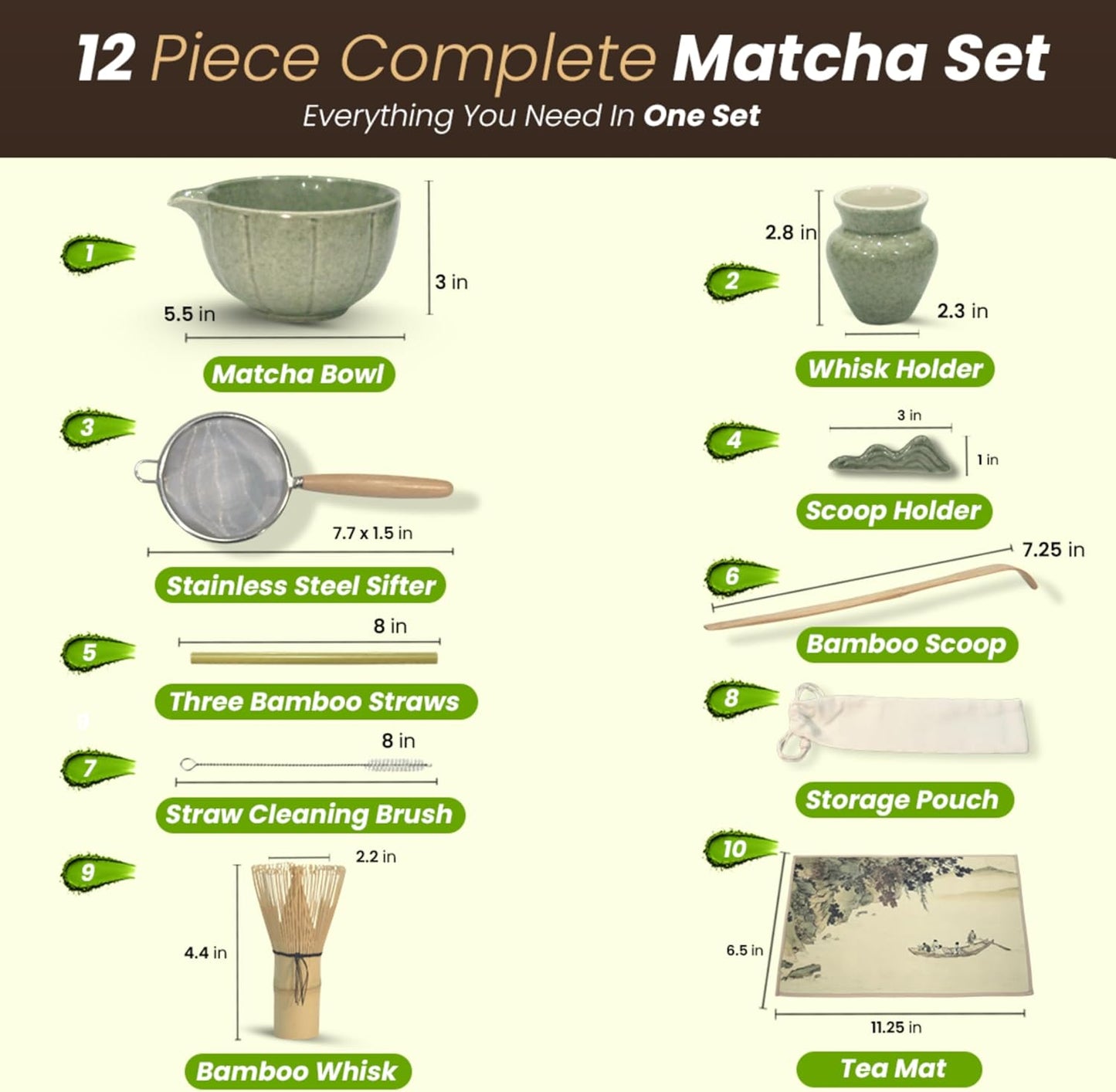 12-Piece Matcha Whisk Set - Complete Matcha Kit Including Matcha Bowl with Spout, Bamboo Whisk, Bamboo Straws, Scoop with Holder, Sifter with Wooden Handle & More - Premium Matcha Gift Set