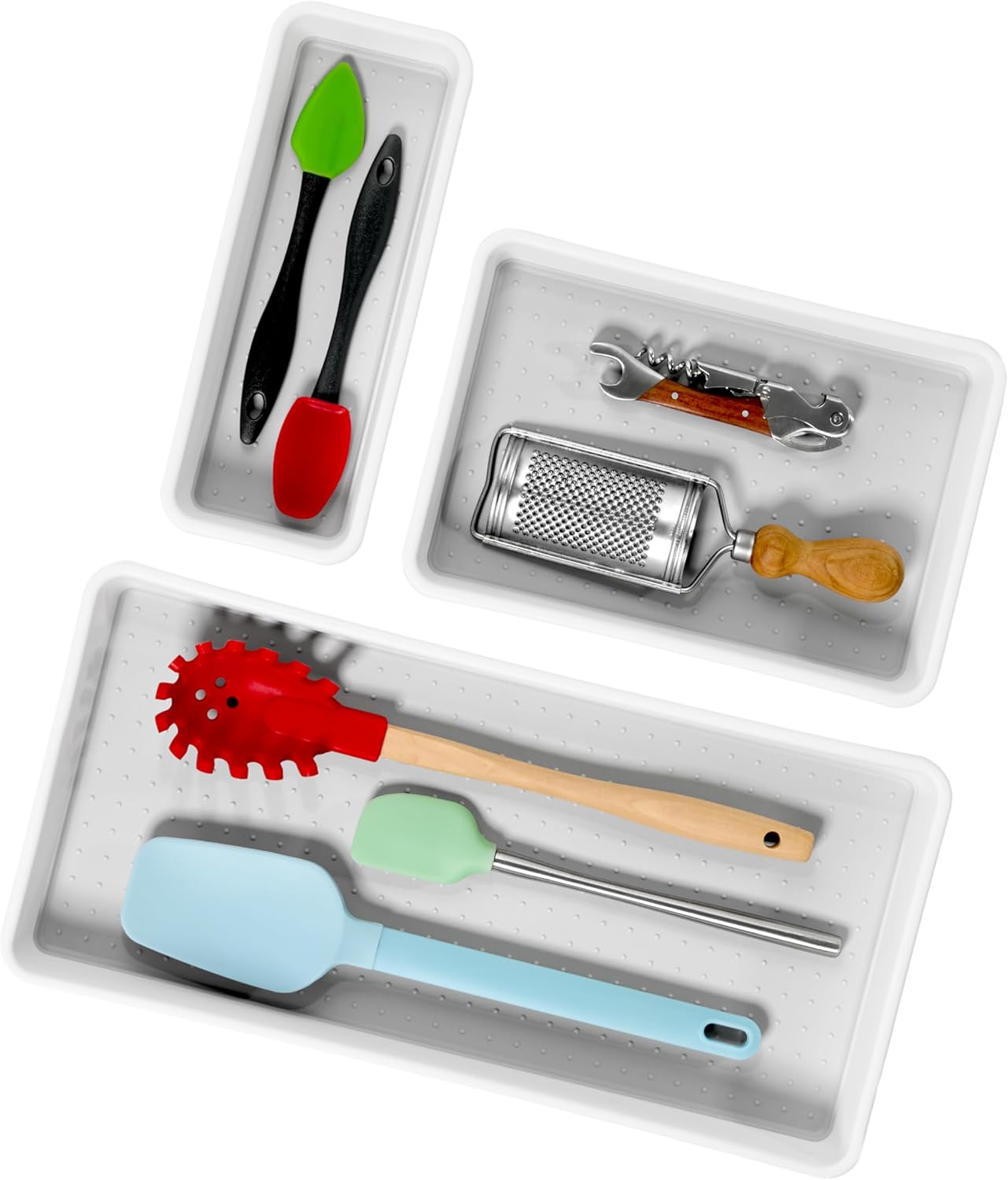 madesmart 3 Bin Drawer Organizer Set, Multi Purpose Storage for Utensils, Office & Bathroom, Organizer for Cutlery, Peeling Tools, Spatulas, Soft Grip Lining & Non Slip Feet, Granite