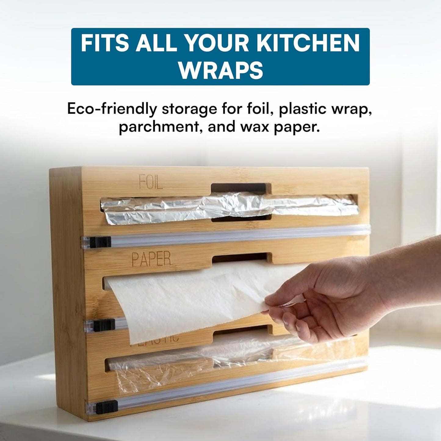 Honey Can Do 3-In-1 Bamboo Food Wrap Organizer With Safety Cutter | Plastic, Wax, Paper and Foil Holder KCH-09858 Natural