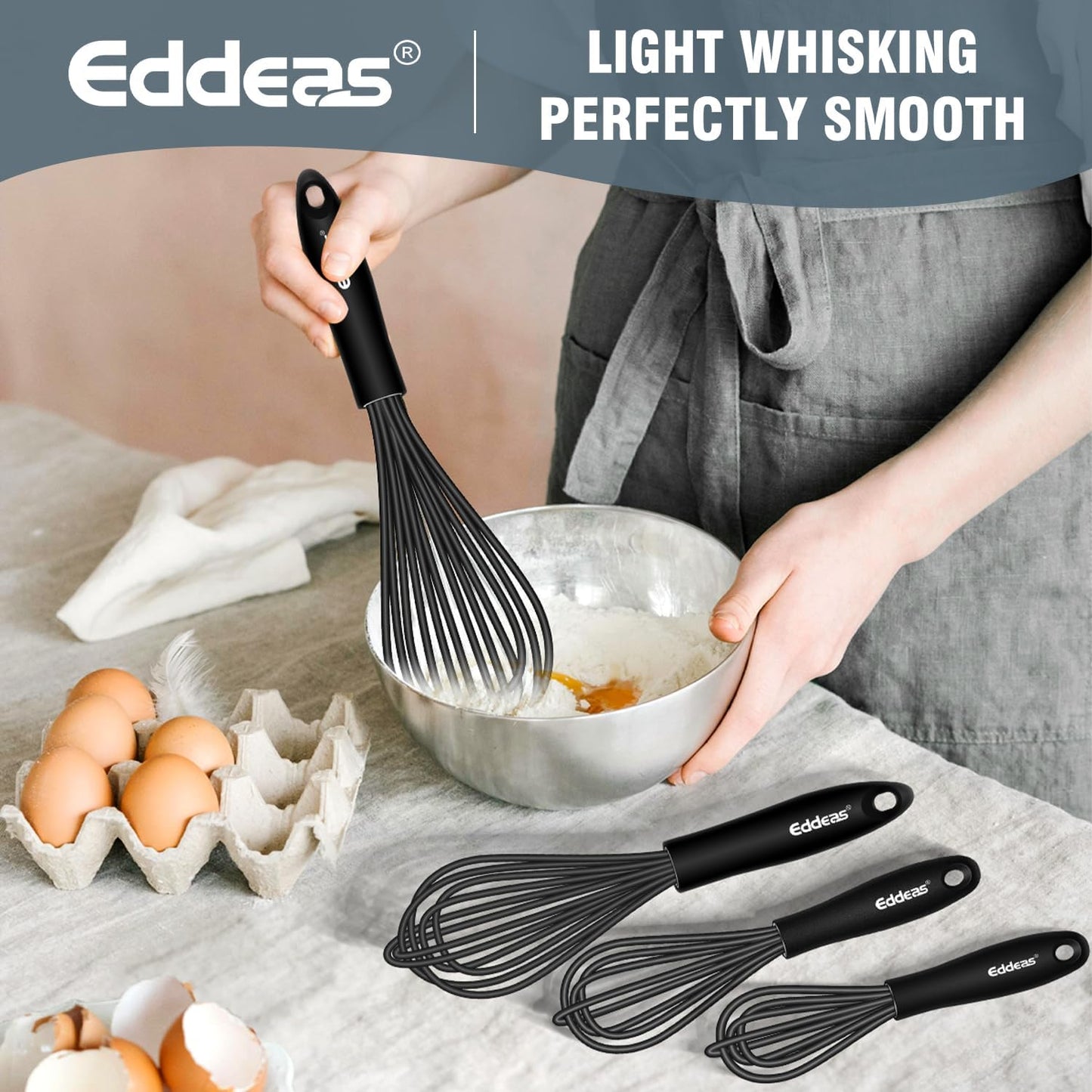 Whisks For Cooking - 500 °F Heat Resistant Silicone Whisk, Heavy Duty 7",9"&11inch Non-Scratch Balloon Kitchen Wisk tool Set, for cooking Wisking, Blending, Beating, Stirring, 3 Piece Black