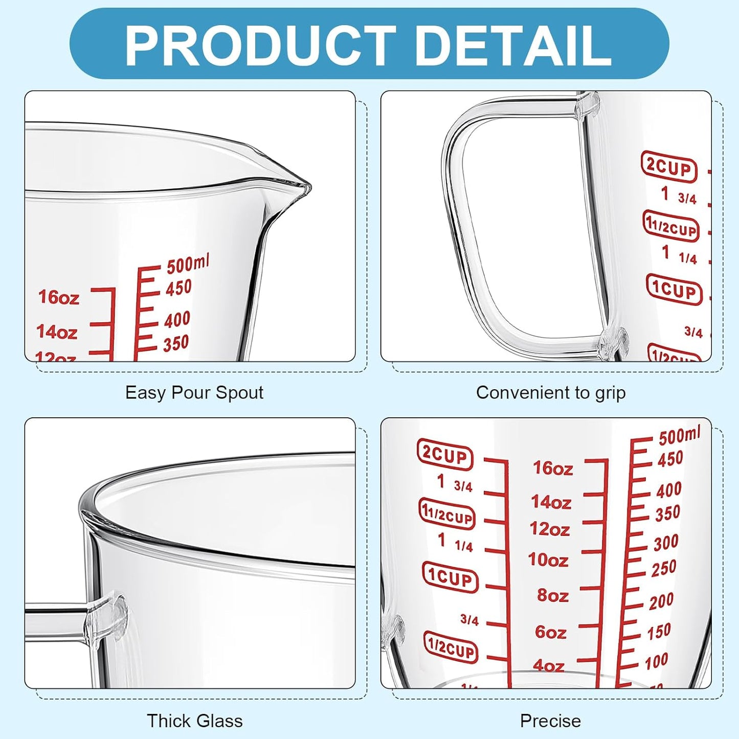Baderke Left Handed Glass Measuring Cup 2 Cup Clear 16 oz Measuring Beaker with Handle and V Shaped Spout 500 ml for Kitchen, Restaurant, Liquid, Easy to Read, Red Measurements