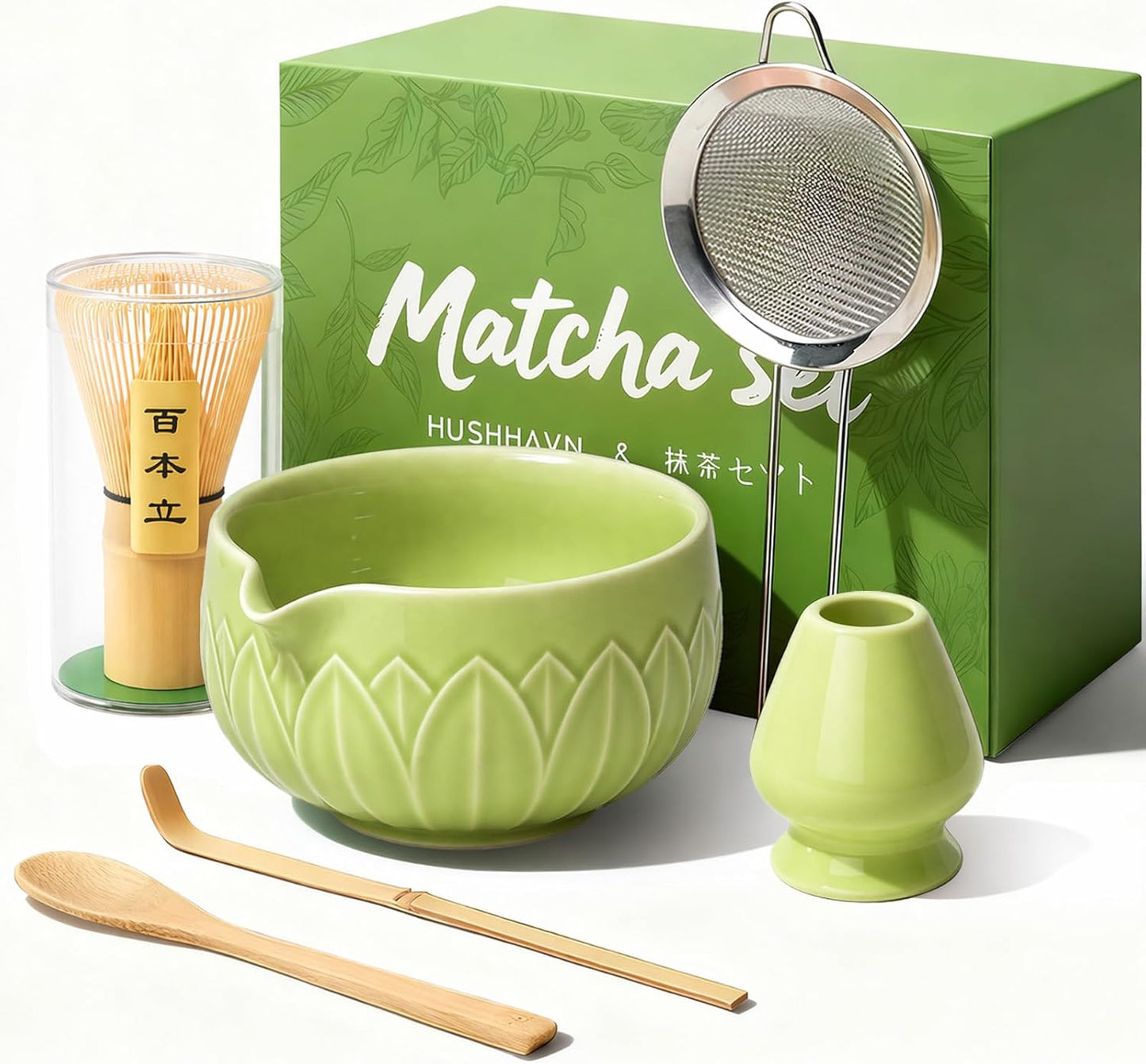 Matcha Whisk Set, Ceramic Matcha Set Includes Bowl & Holder, Bamboo Whisk (Chasen), Scoop, Spoon and Sifter, 6PCS Matcha Kit Covers Everything Needed for Making Matcha (Green)