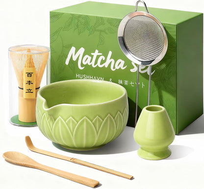 Matcha Whisk Set, Ceramic Matcha Set Includes Bowl & Holder, Bamboo Whisk (Chasen), Scoop, Spoon and Sifter, 6PCS Matcha Kit Covers Everything Needed for Making Matcha (Green)