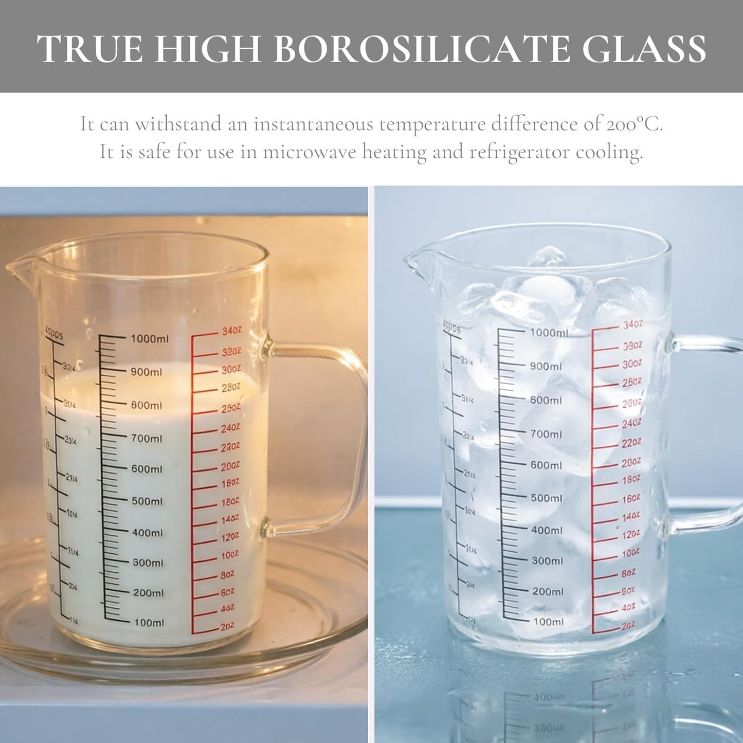 Glass Measuring Cup 4 Cup / 1000ML - Clear Glass Measuring Cup with Handle & V-Shaped Spout, Triple Scale (ML/OZ/Cup), Liquid Measuring Cup for Cooking & Baking