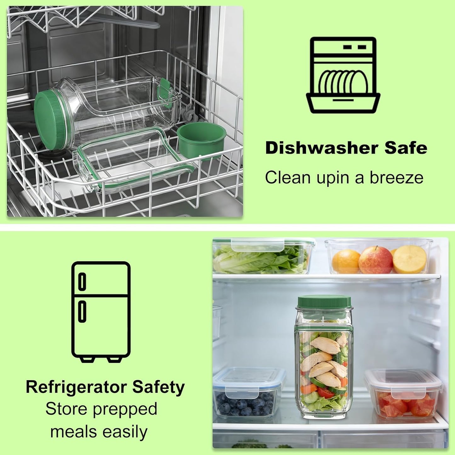 FNHMSL Side-Opening Mason Salad Jar, Portable (35 oZ) 1000ml Salad Container with Leakproof Dressing Cup, Includes Spoon and Cleaning Brush, Perfect for Meal Prep, Gym, Office, Picnic and Travel